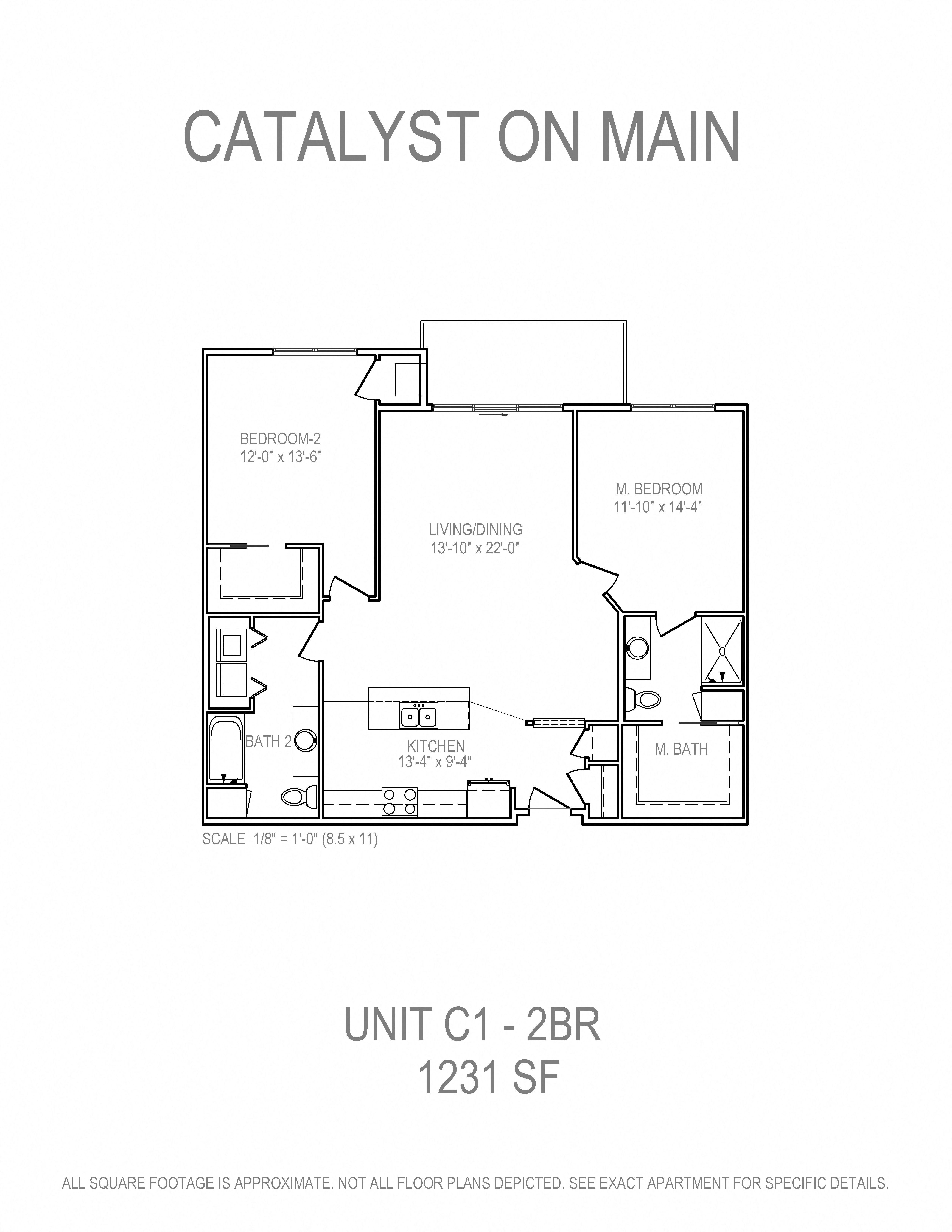 Floor plan for 2 beds, 2 baths, 1231 sqft